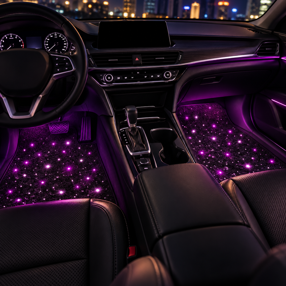 Ambientación ilustrativa: interior de coche de noche con alfombrillas Starlight iluminadas