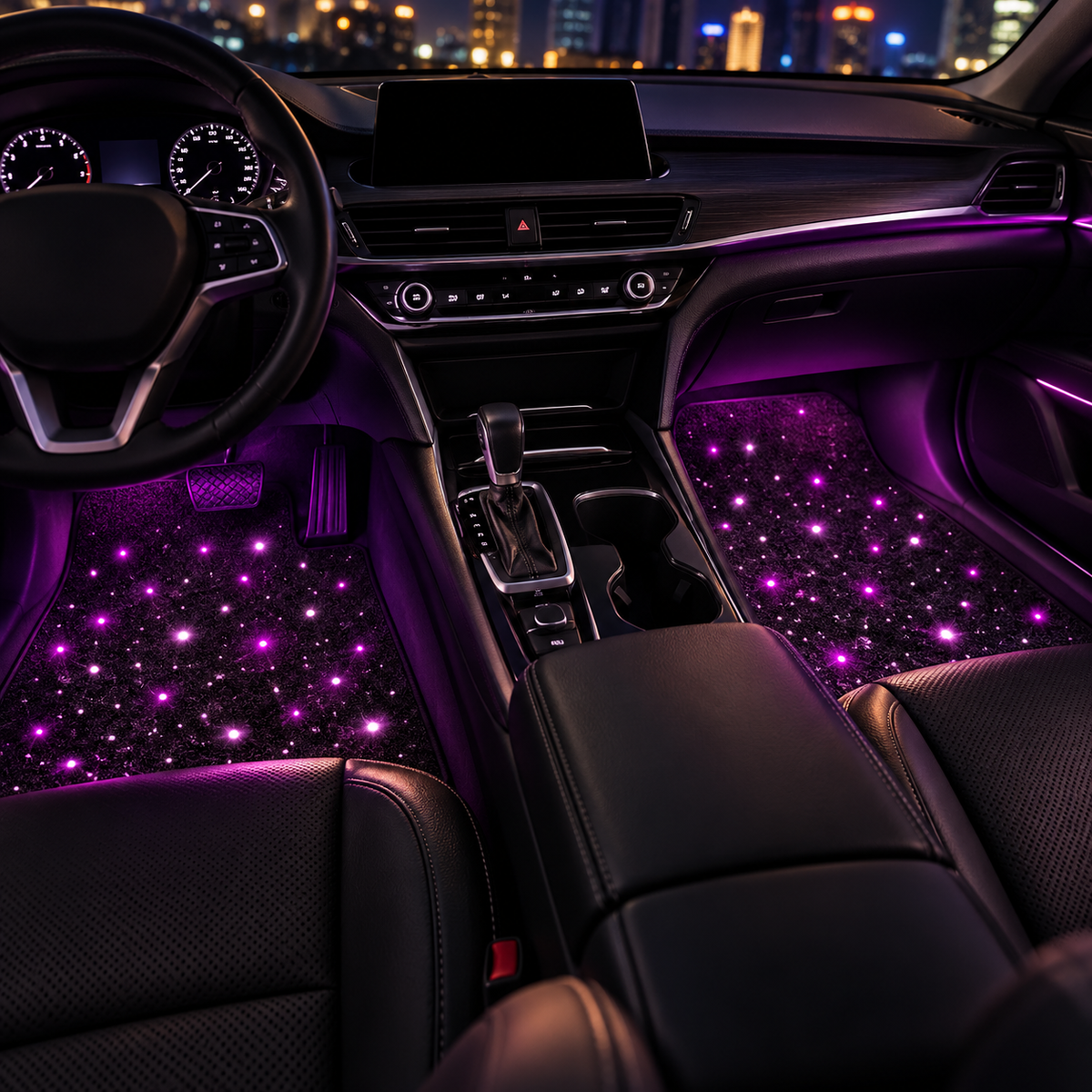 Ambientación ilustrativa: interior de coche de noche con alfombrillas Starlight iluminadas
